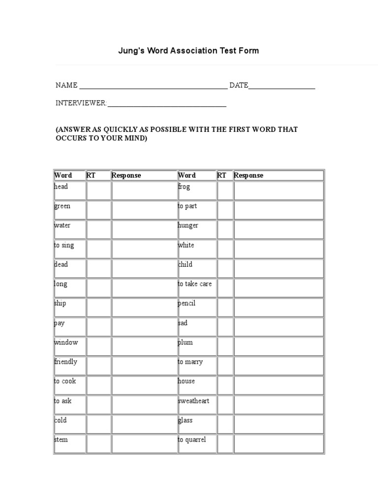 Jung's Word Association Test Form (Answer As Quickly As Possible With