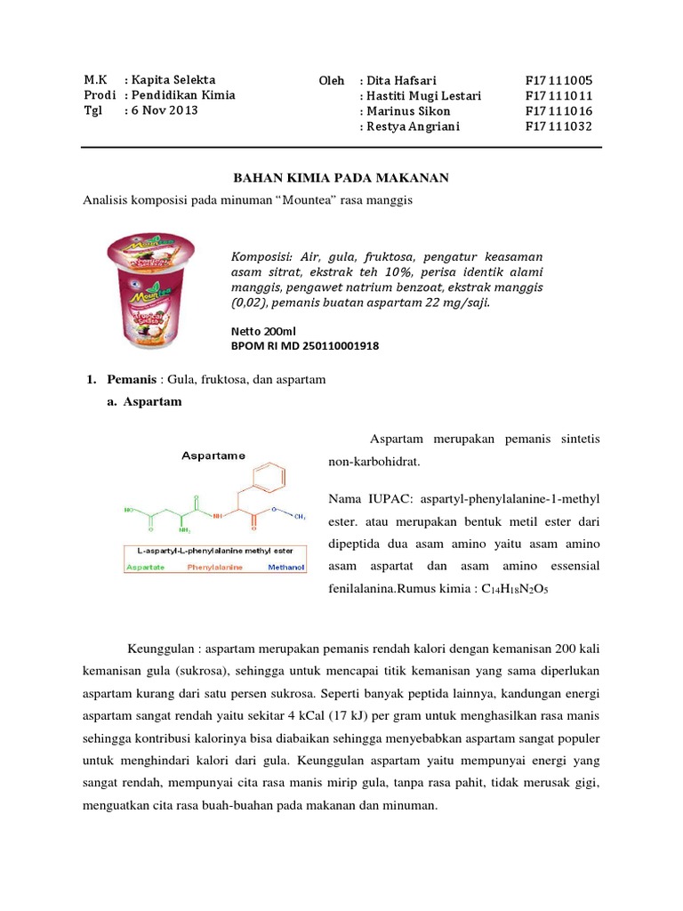 Komposisi Minuman Mountea Rasa Manggis | PDF