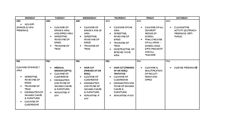 School Cleanup & Activities Schedule | PDF | Leisure