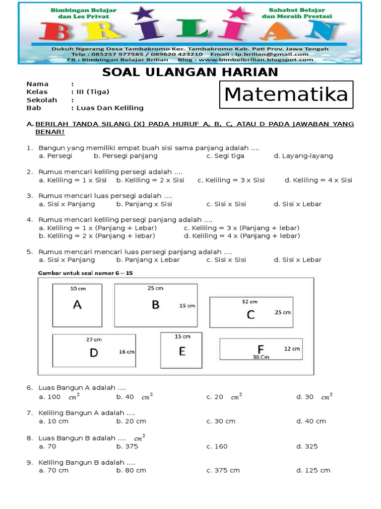 Soal Luas dan Keliling Kelas 3 SD | PDF | Metode & Bahan Ajar | Griya ...