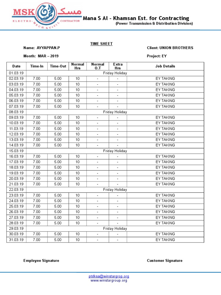 March 2019 Time Sheet for EY Project | PDF | Business