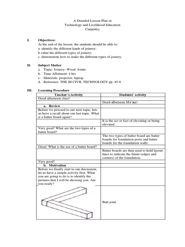 Detailed Lesson Plan Dlp Format Date Lea Woodworking Wood