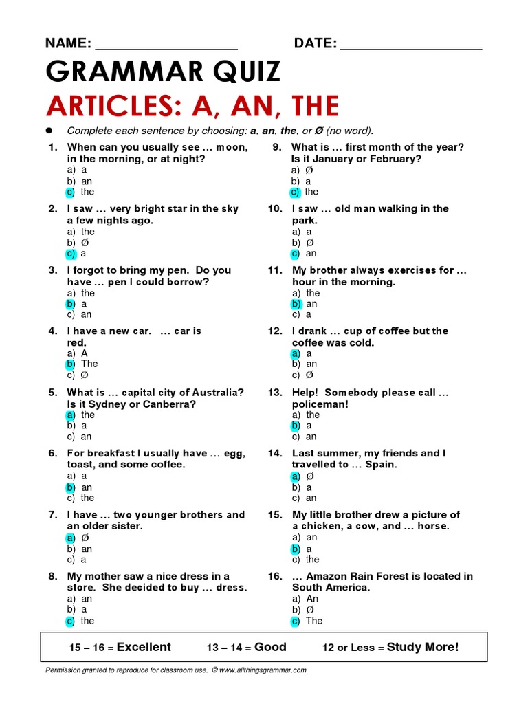 Articles A An The Grammar Quiz Pdf