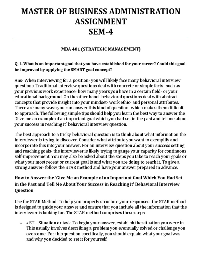 Master of Business Administration Assignment SEM-4: Mba 401 (Strategic ...
