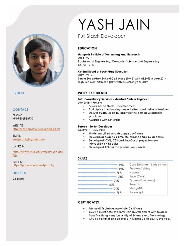 Yash Jain Resume | PDF | Java Script | Websites