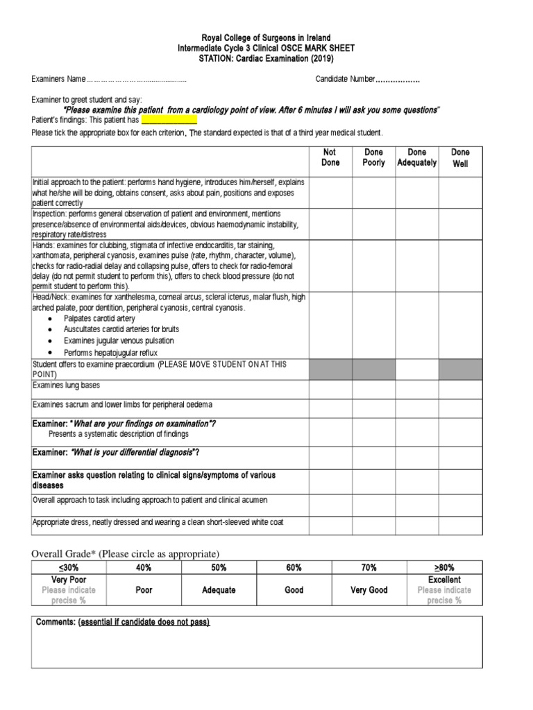 Cardiac Examination OSCE Mark Sheet | PDF | Physical Examination | Medicine