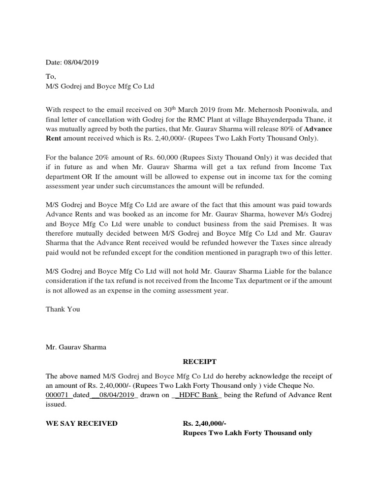 Rent Amount Received Which Is Rs. 2,40,000/ - (Rupees Two Lakh Forty ...