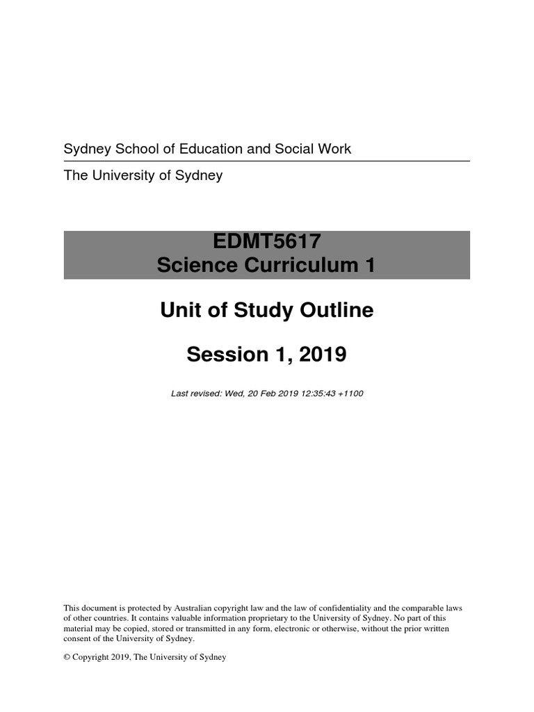 EDMT5617 Science Curriculum 1 Unit of Study Outline Session 1, 2019