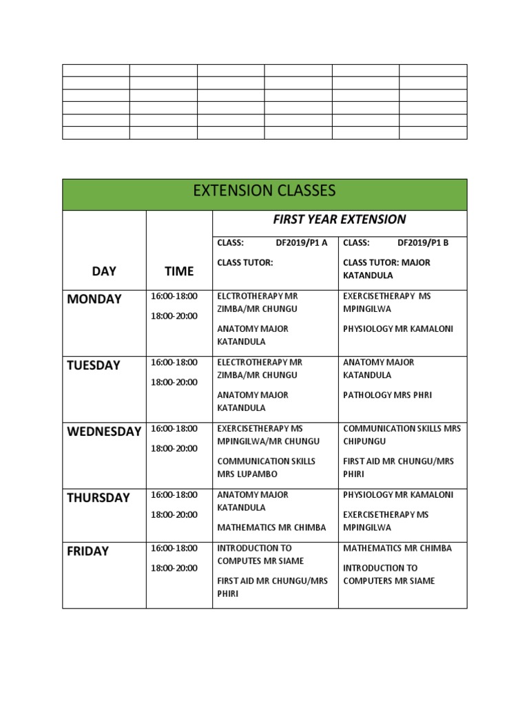 Extension Class Schedule for First Year | PDF | Wellness