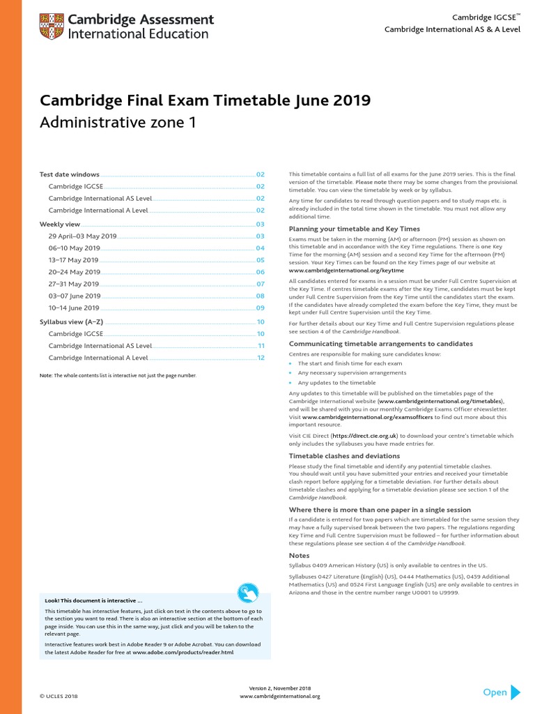 Cambridge Final Exam Timetable June 2019 Administrative zone 1