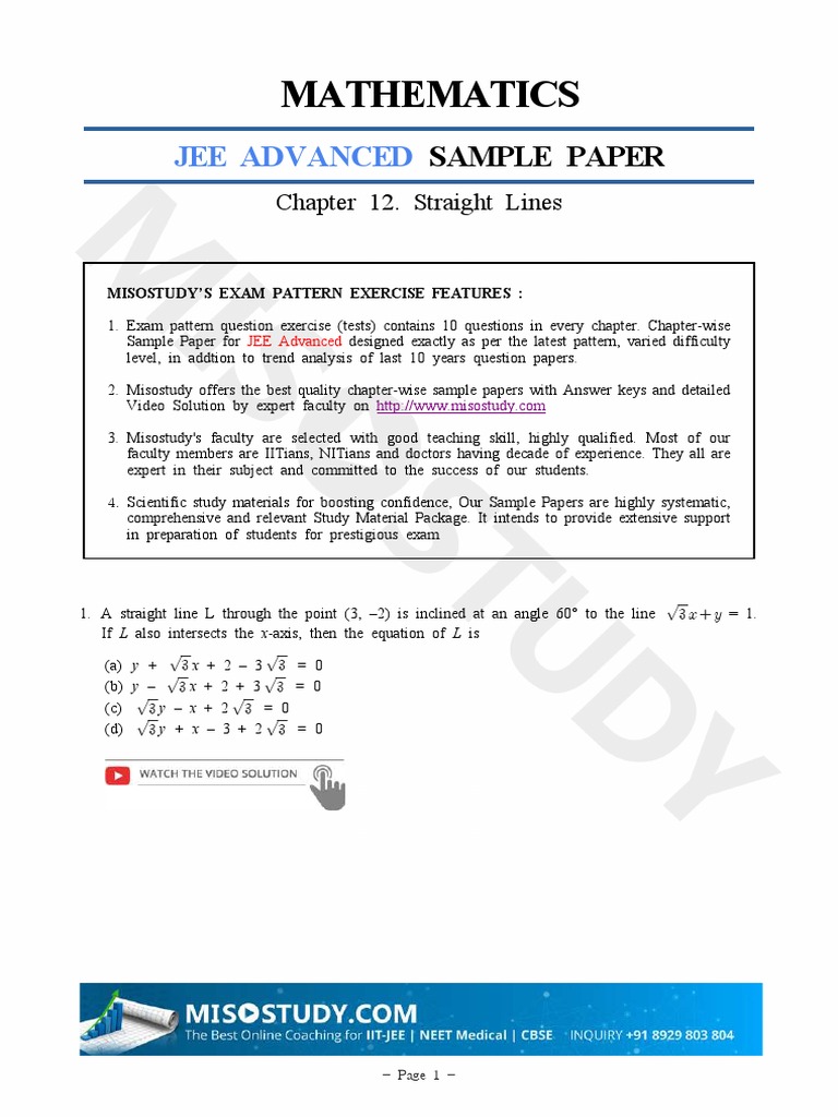 JEE Advanced Sample Paper: Straight Lines | PDF | Line (Geometry ...