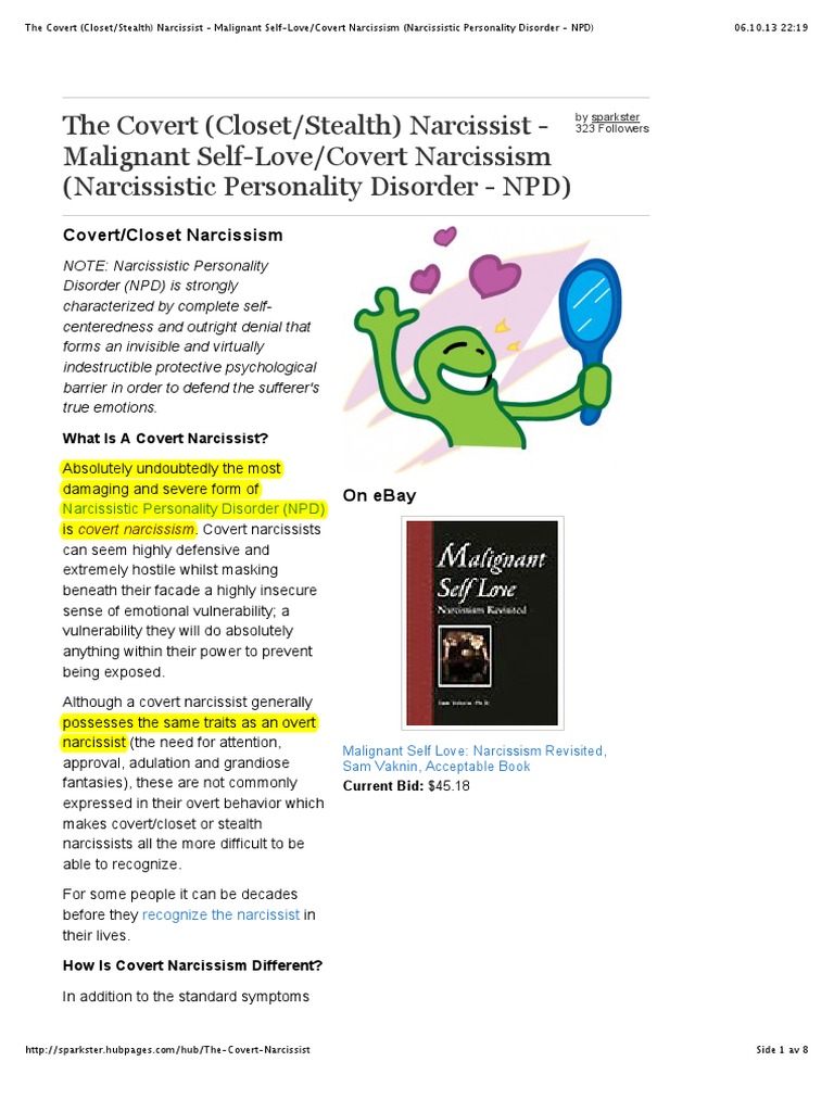 The Covert (Closet/Stealth) Narcissist Malignant SelfLove/Covert