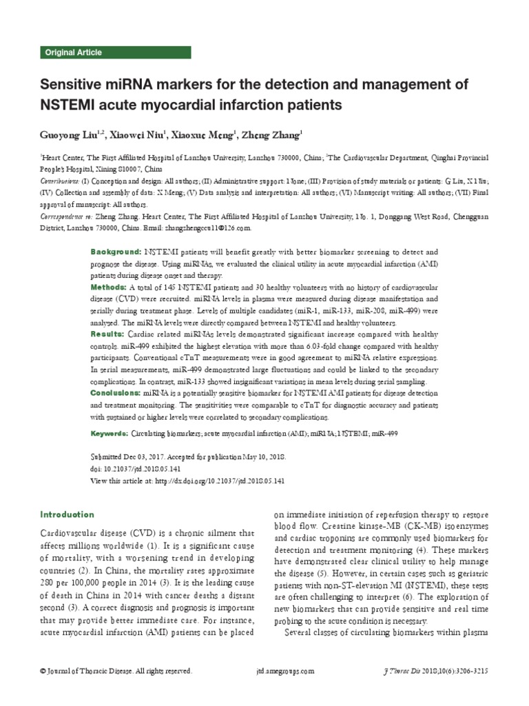 Sensitive Mirna Markers For The Detection and Management of Nstemi ...