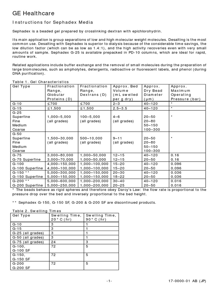 GE Healthcare: Instructions For Sephadex Media | PDF | Chemistry ...