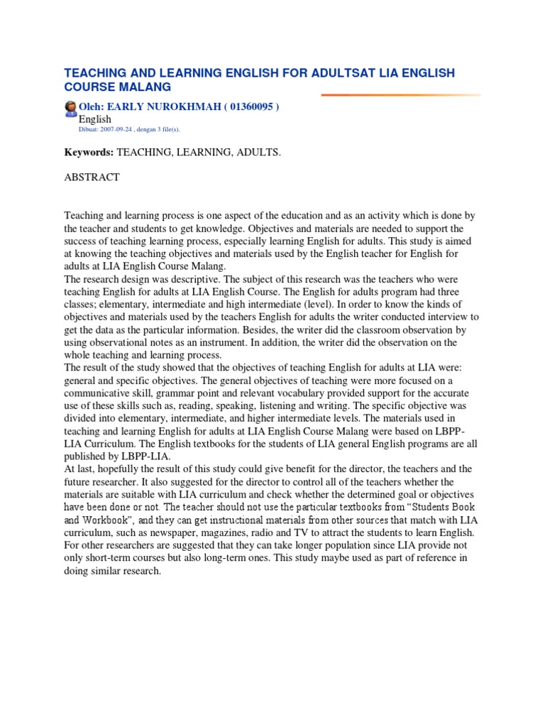 Teaching and Learning English For Adultsat Lia English Course Malang ...