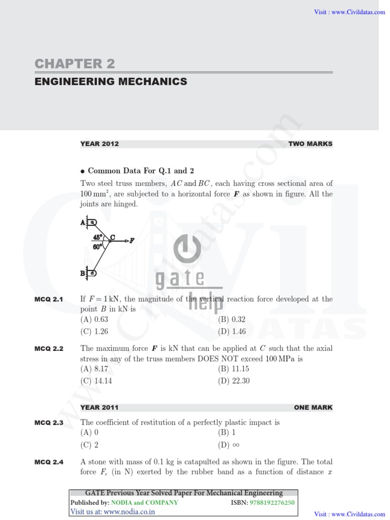 GATE Mechanical Engineering MCQs 2012 | PDF | Collision | Force