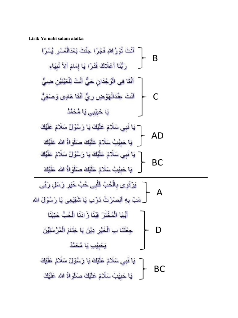 Lirik Ya Nabi Salam Alaika Wahai nabi yang dikuatkan (dengan wahyu) diagungkan, wahai imam dua arah kiblat. lirik ya nabi salam alaika