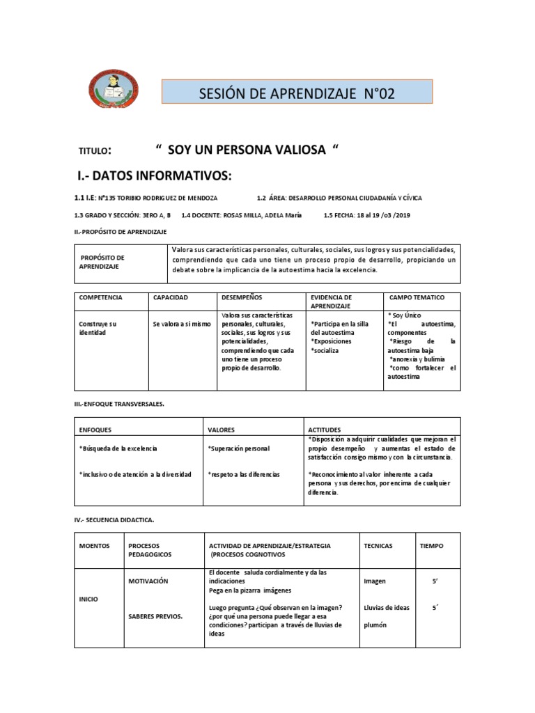 Sesiones de DPCC 3° Secundaria: Autoestima | PDF | Aprendizaje | Maestros