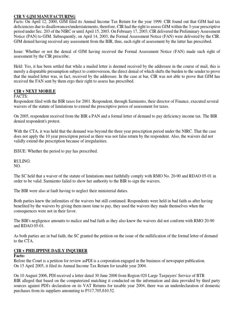 Tax Assessment Cases: CIR vs. GJM, Next Mobile, PDI | PDF | Internal ...