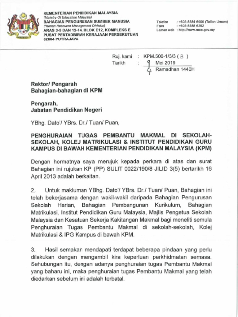 Edaran Penghuraian Tugas Pembantu Makmal Di Sekolah Kolej Matrikulasi Ipgm Kampus Di Bawah Kpm Pdf