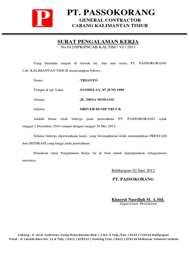 Contoh Surat Pengalaman Kerja
