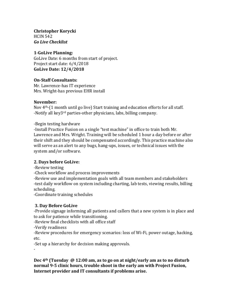 Go Live Checklist for EHR Implementation | PDF | Electronic Health ...