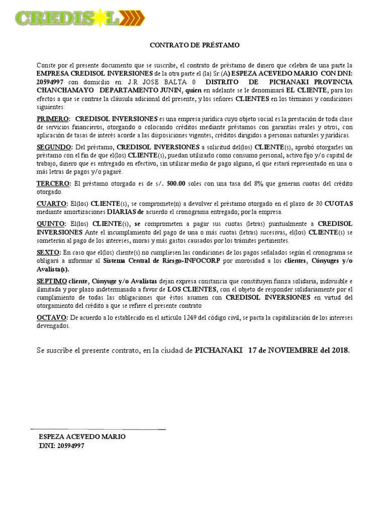 Contrato de Préstamo Crédito Finanzas y administración del dinero