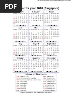 Year 2010 Calendar - Singapore | PDF | Observances | Holidays