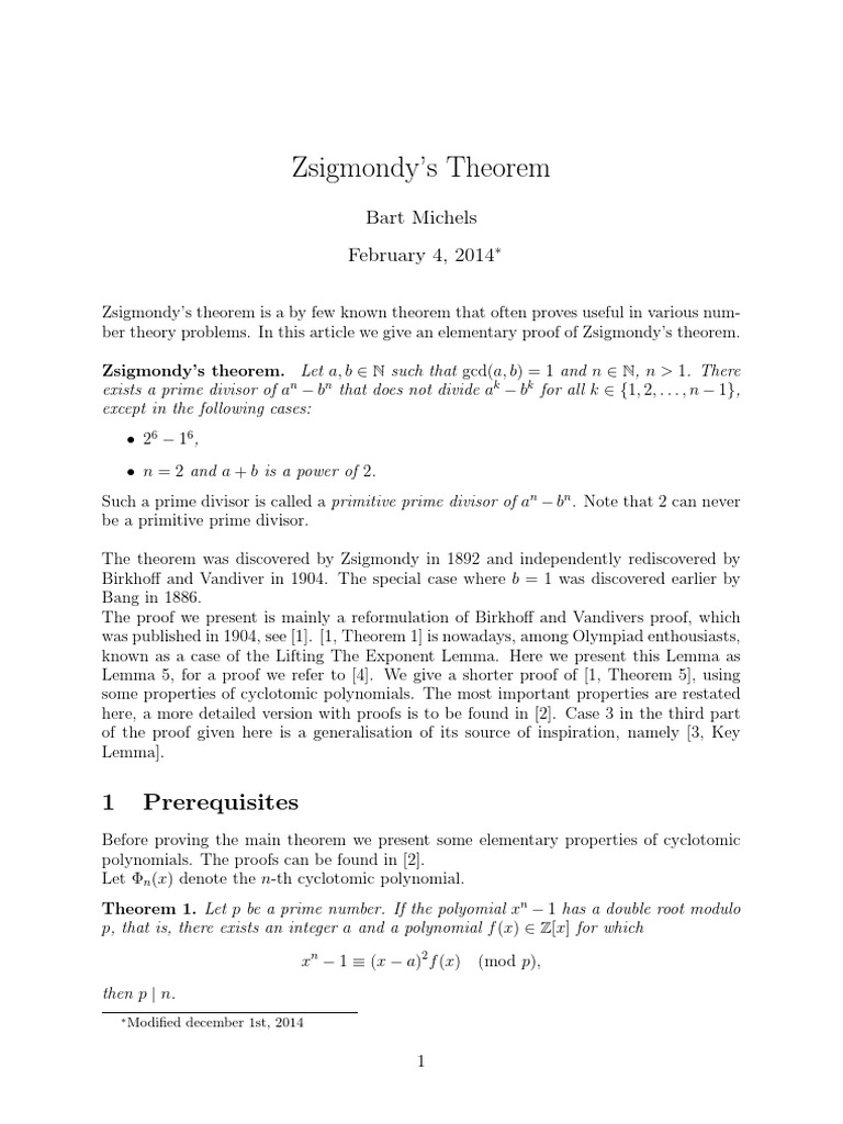 Zsigmondy's Theorem: Bart Michels February 4, 2014 | PDF | Prime Number ...