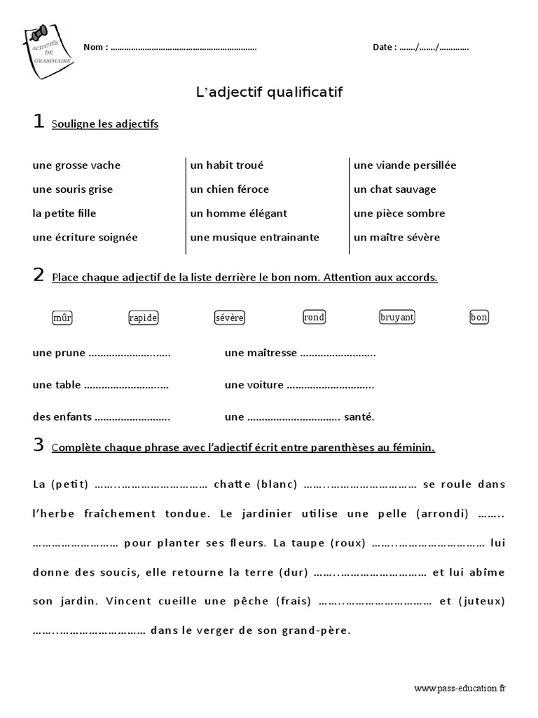L accord Des Adjectifs Exercices Pdf Adjectifs Qualificatifs Ce1 Exercices À Imprimer | PDF