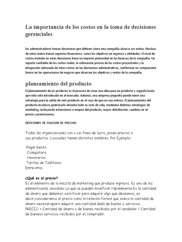 La Importancia de Los Costos en La Toma de Decisiones Gerenciales | PDF ...