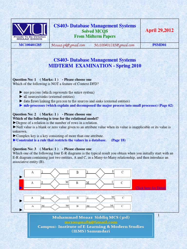 Cs403 Midterm Solved Mcqs By Moaaz Relational Database - 