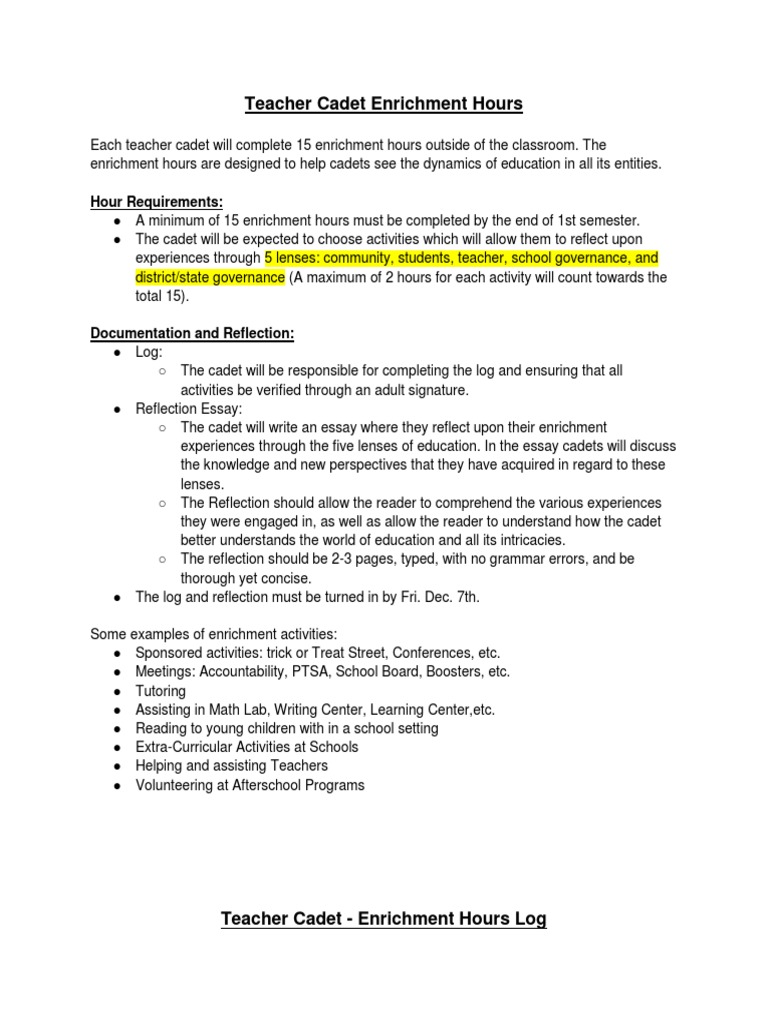 Enrichment Hours and Log PDF Students Teachers