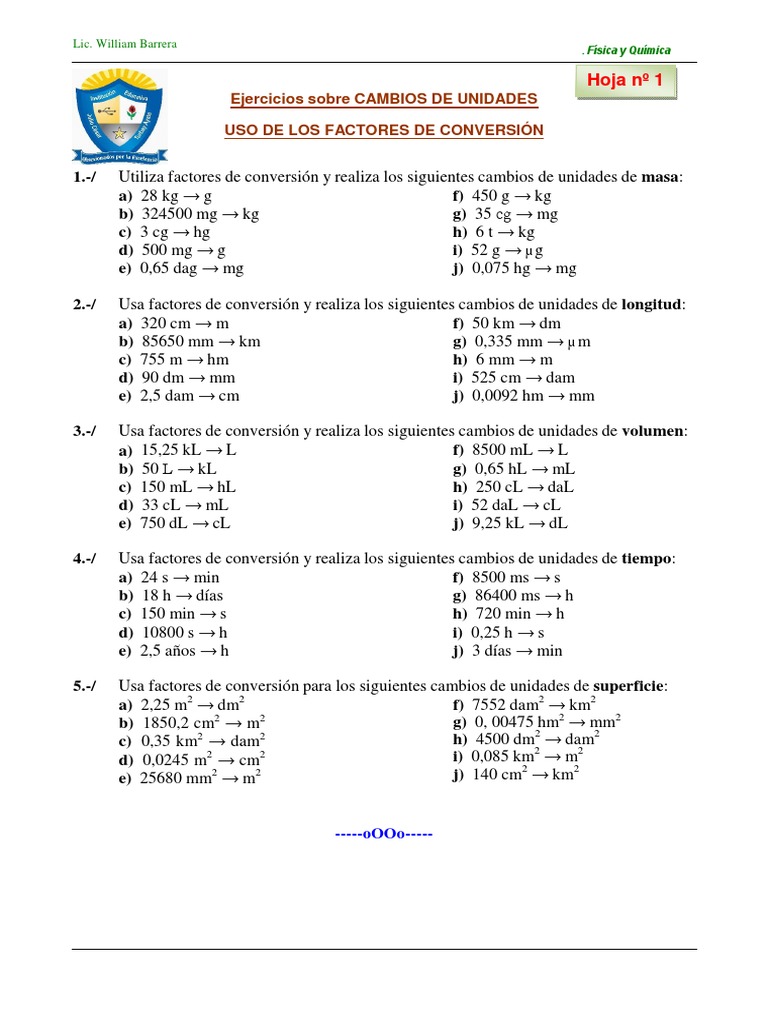 Ejercicios Sobre Cambios De Unidades Quimicas Final Pdf Ciencias Fisicas Cantidades Fisicas