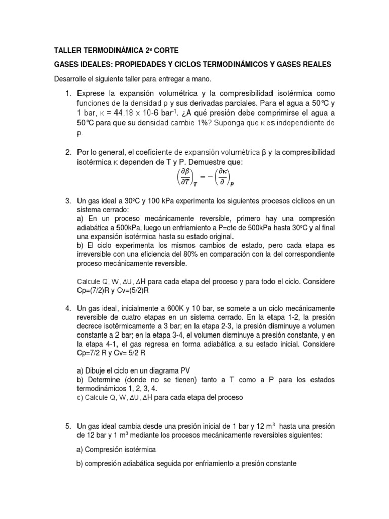 Taller de Termodinámica: Gases Ideales y Reales | PDF | Gases ...