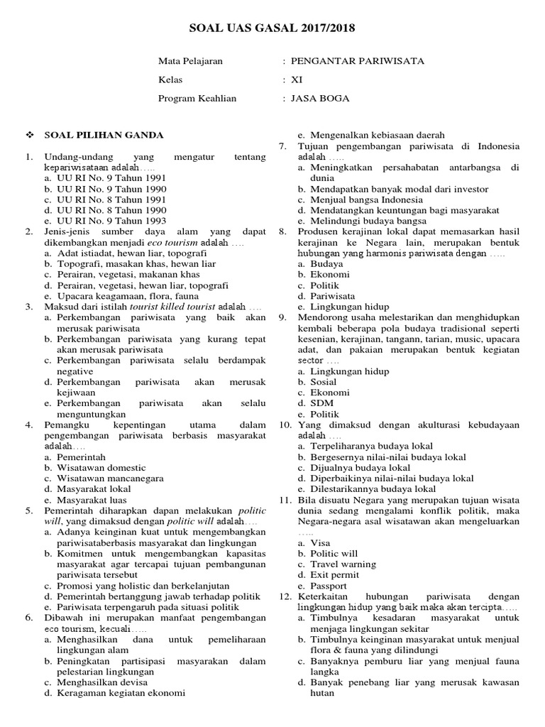 Soal Uas Gasal Pengantar Pariwisata