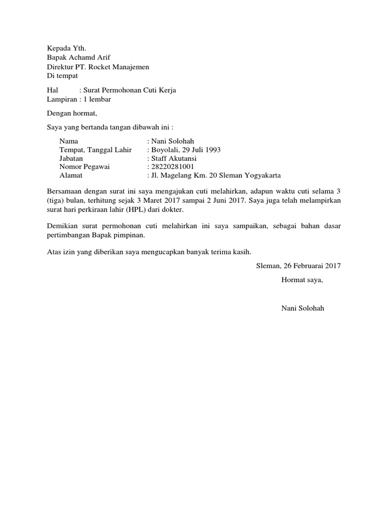 Contoh Surat Cuti Melahirkan