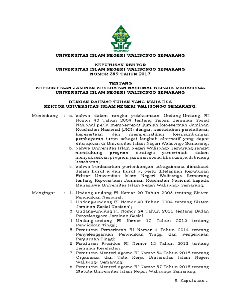 Contoh SK REKTOR MEWAJIBKAN MAHASISWA UTK IKUT BPJS KESEHATAN | PDF