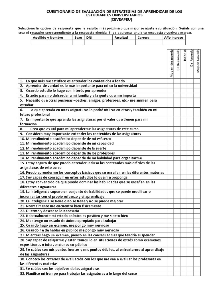 Cuestionario de Estrategias de Aprendizaje | PDF | Prueba (evaluación ...