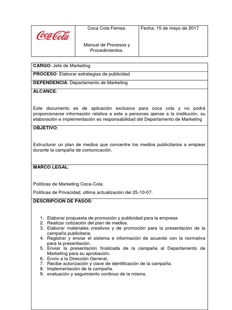 Coca Cola Femsa Descripcion de Puestos JEFE DE MARKETING  PDF