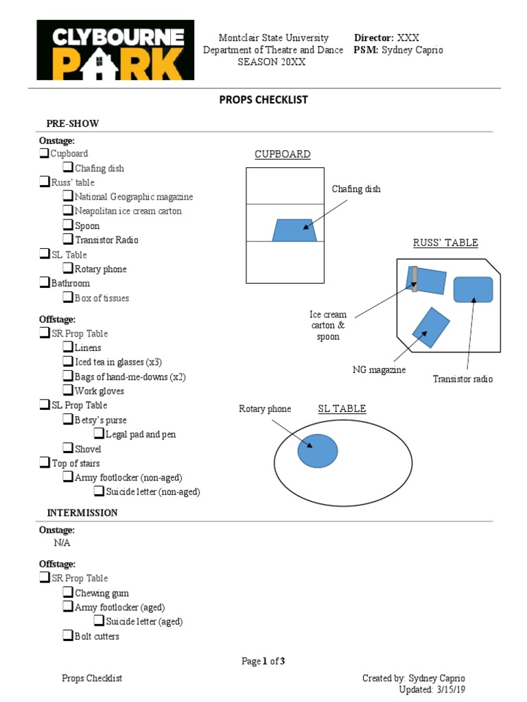 Montclair State Props Checklist 20XX | PDF | Young Adult
