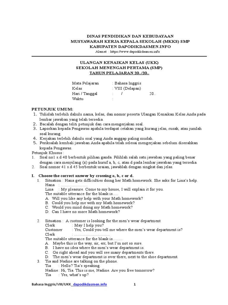 Soal Ukk Bahasa Inggris Kelas Viii Dapodikdasmen Info Nature