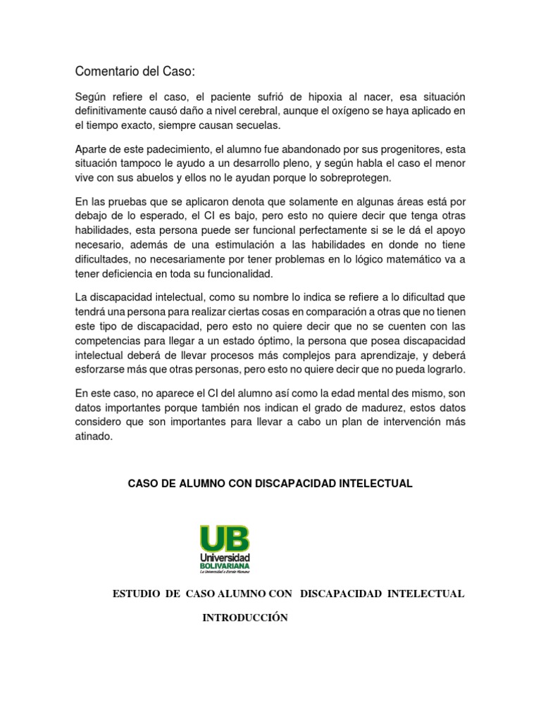 Estudio De Caso Alumno Con Discapacidad Intelectual 1 Pdf