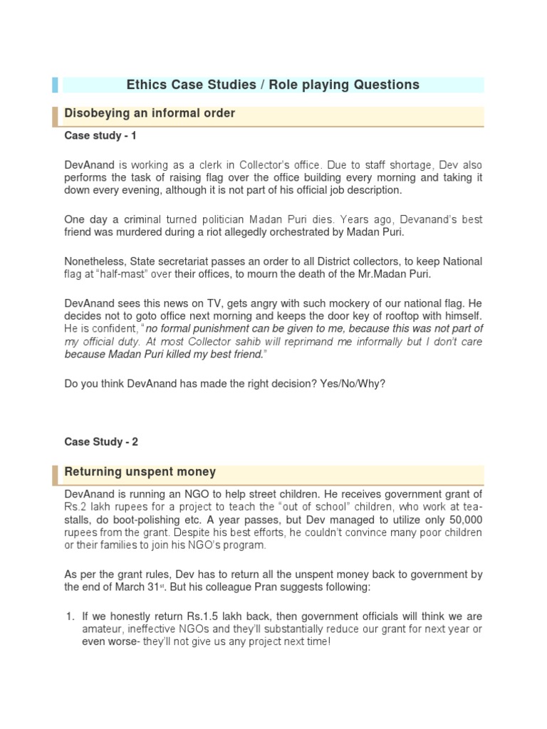 Ethics Case Studies Role Playing Questions Disobeying An Informal 