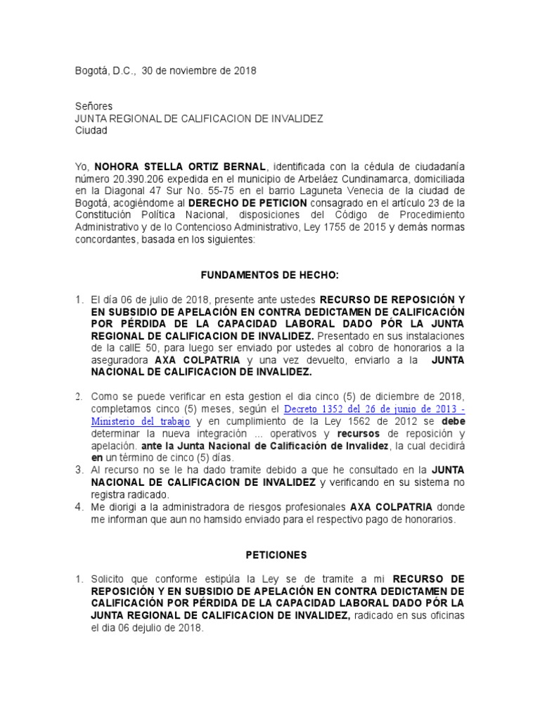Derecho de Petición Junta Regional de Calificacion de Invalidez PDF
