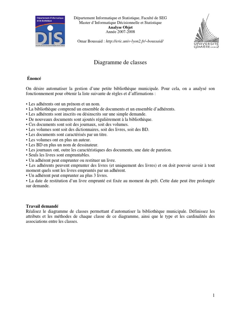 Exercice Corrigé Uml Etude De Cas Gestion D Une Bibliothèque FicheTD UML Corrige 3 | PDF