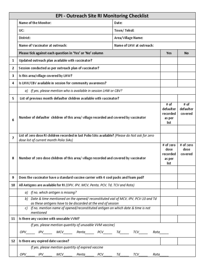 Revised 2019 EPI Monitoring Checklist for Outreach Session