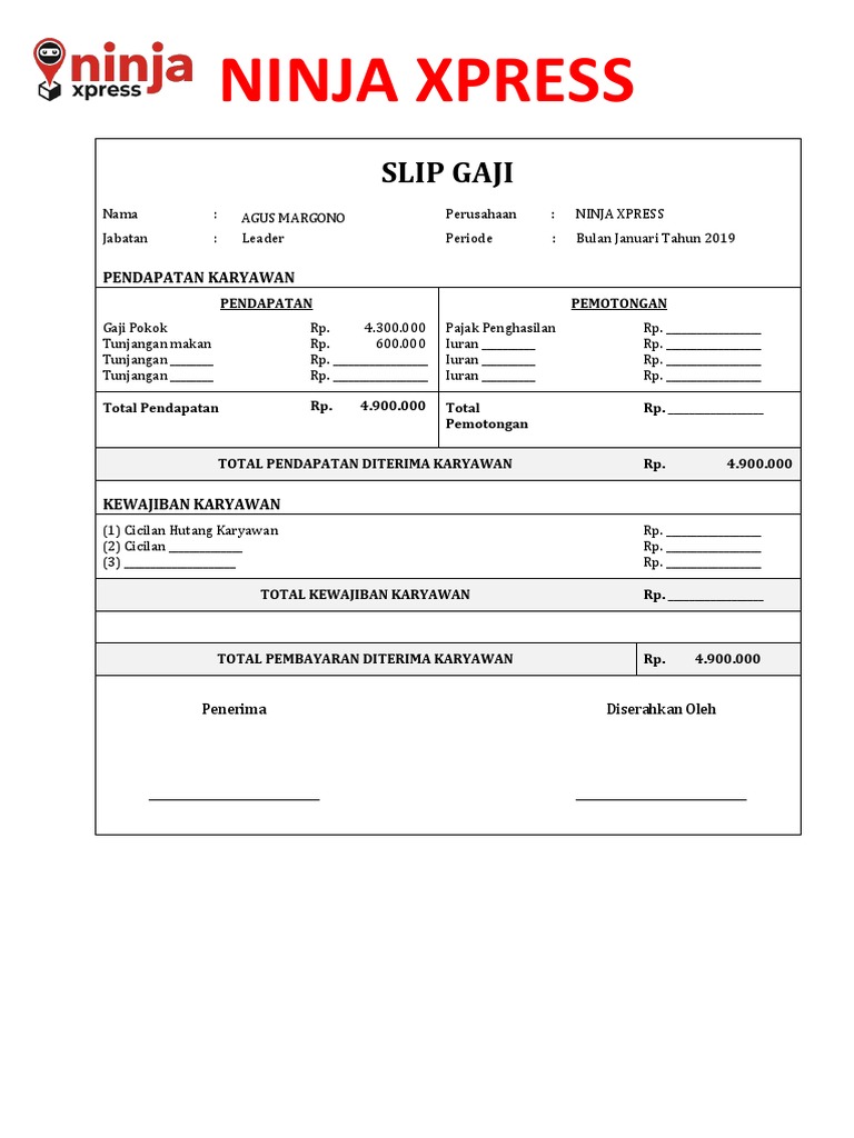 Contoh Slip Gaji Ninja Xpress