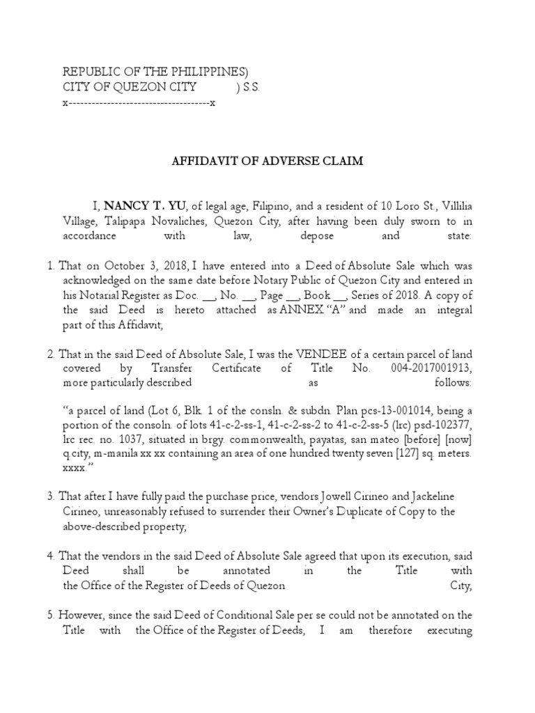 Affidavit of Adverse Claim.docx | Deed | Property Law