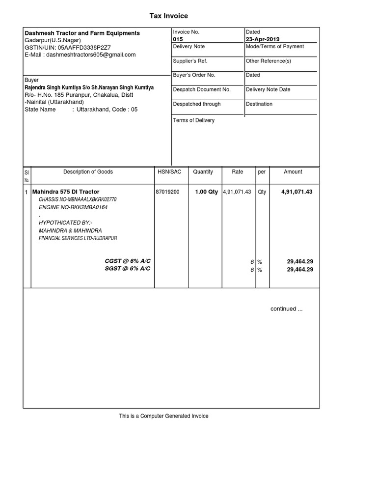 Mahindra Tractor Tax Invoice 015 | PDF | Invoice | Government Finances